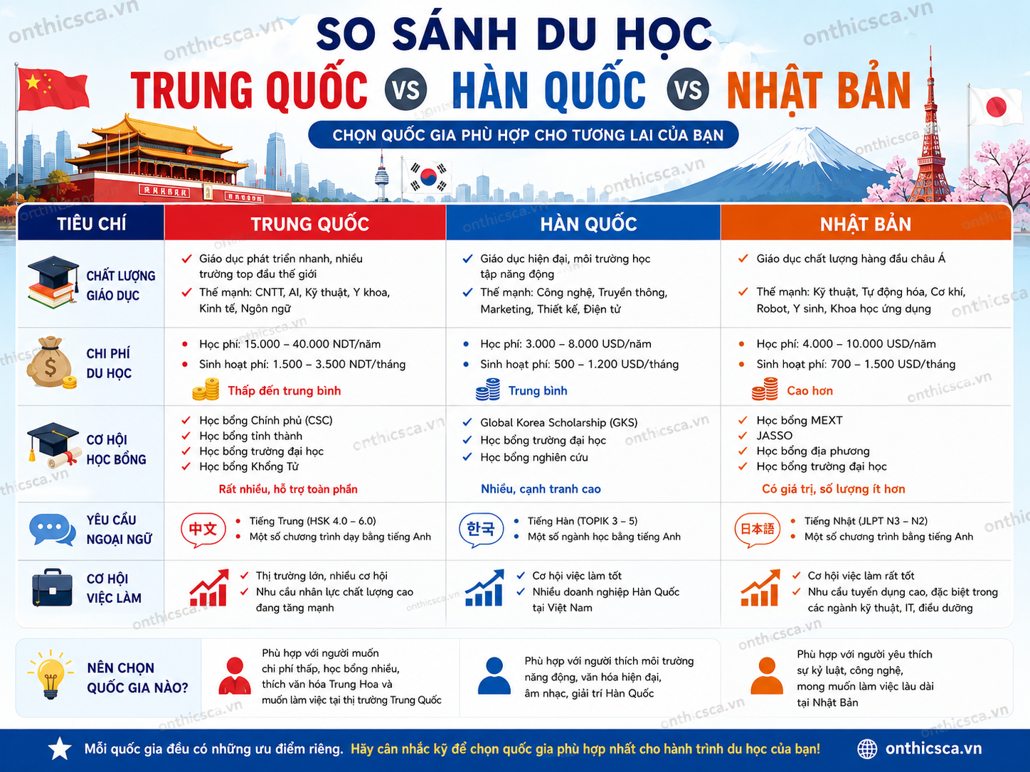 So sánh du học Trung Quốc vs Hàn Quốc vs Nhật Bản